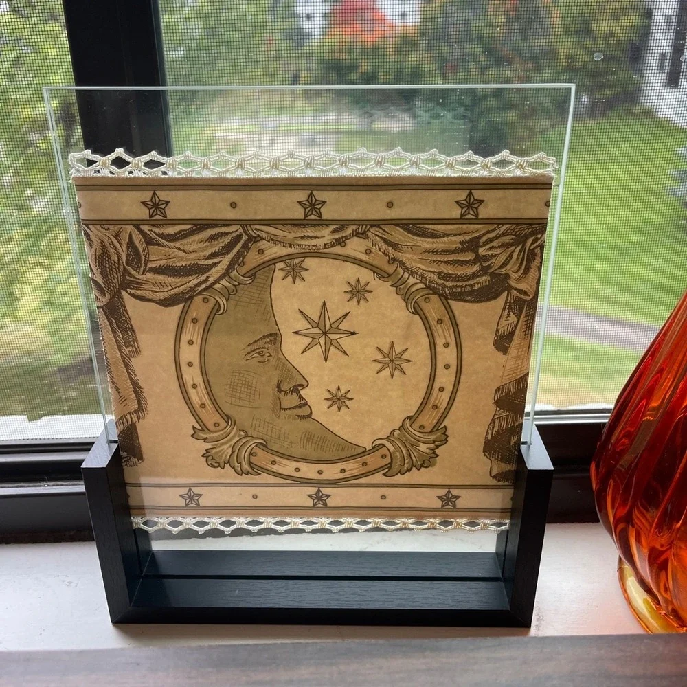 90s Vtg Celestial‎ Sun Moon Star Print Framed Wall Art floating Frame 10x9 lace